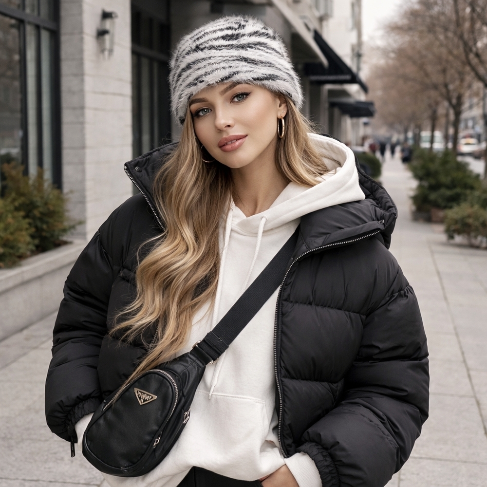 DKNY Fuzzy Zebra Animal Print Beanie Black & White